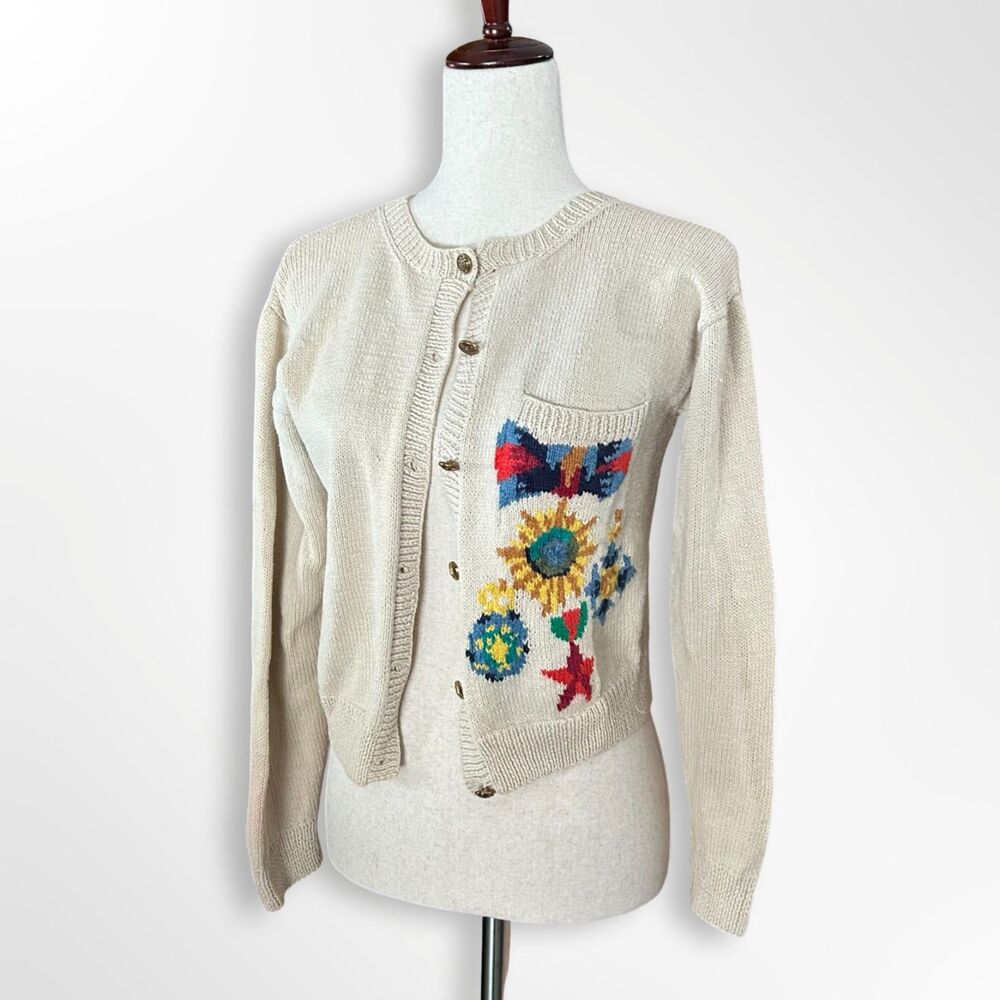 RARE Adrienne Vittadini 90s Cardigan, Floral Bows Medals, Whimsical Novelty S